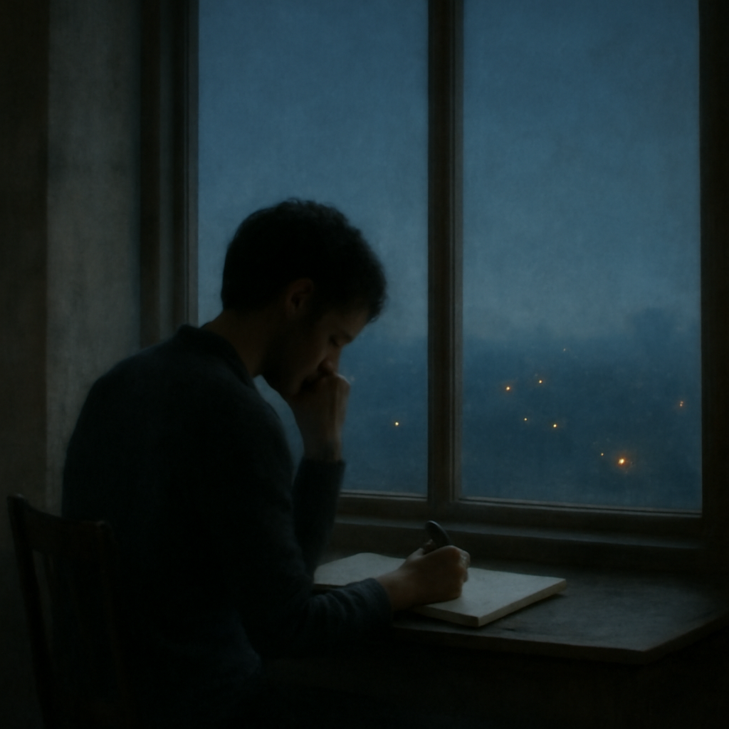 Contemplative image of a reader at a dawn window